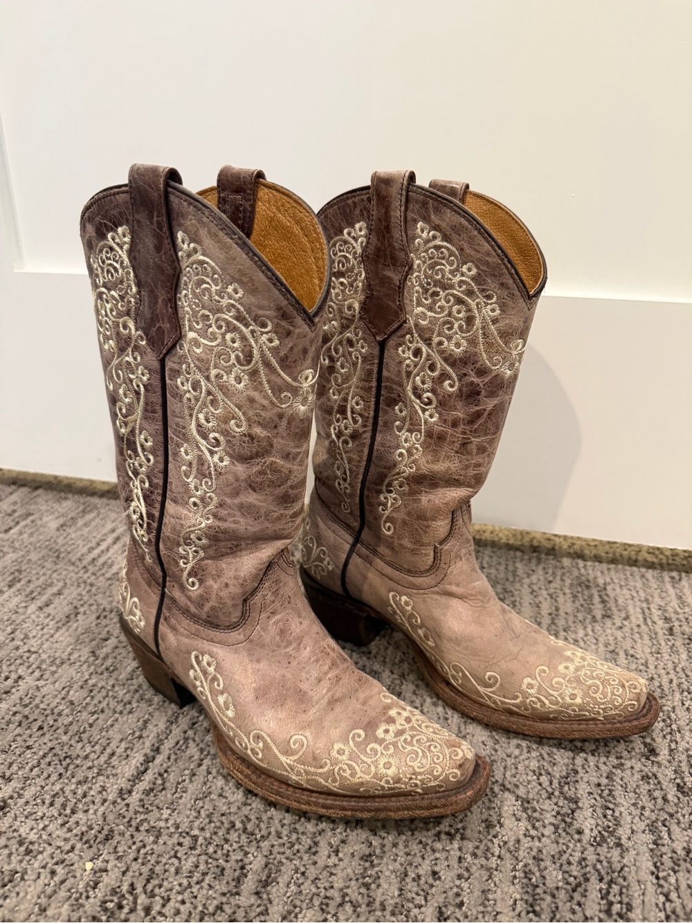 Kids Taupe Western Embroidered Cowboy Boots